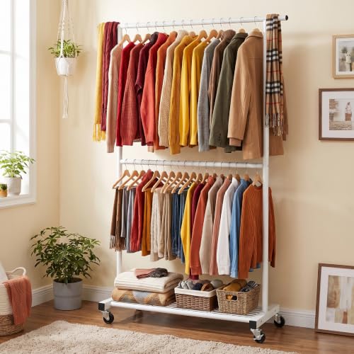 Sywhitta Double Rod Metal Clothing Rack on Wheels with Bottom Mesh,White - color: White, size: With mesh