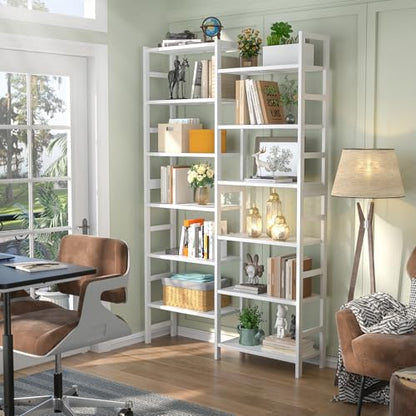 Homykic 72.5” Tall Bamboo Bookshelf White, 6-Tier Double Wide Open Bookcase - color: White, size: Double Wide