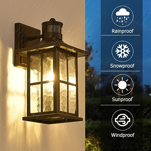 FLEDAVID Motion Sensor Porch Light Black Dusk to Dawn Outdoor Wall Lantern - color: Black(Gold Trim) 1-Pack