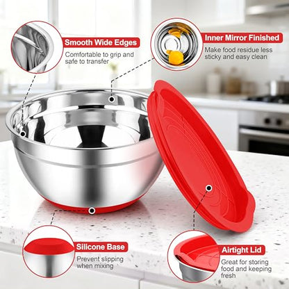 TeamFar Mixing Bowls, Stainless Steel Salad Bowls with Lids - Red - color: Red