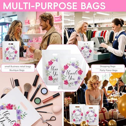 Floral Thank You Bags for Business Small, 100 PCS 12x15 Plastic Bags - color: 100 Pack Floral Thank You Bags