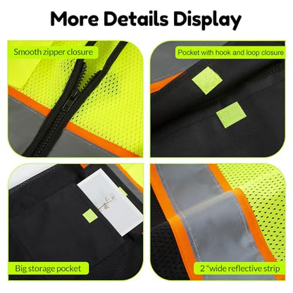 BeautyWill Custom LOGO Safety Vests Reflective Vest Class 2 ANSI with Pockets Zipper High Visibility Construction Uniform - color: 029-yellowblack-security, size: Small
