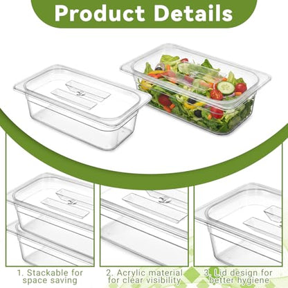 6 Pack 1/3 Size 4" Deep Polycarbonate Food Pans Plastic Clear Food Pans with Lids Stackable Transparent Foo d Storage Containers for Kitchen Restaurant Foo d Prep, Freezer-Safe