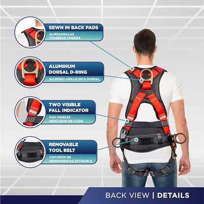 Palmer Safety Hammerhead 5pt Safety Harness Back Padded, QCB Chest, Tongue Buckel Legs Straps, Back & Side D-Rings - color: Red, size: Medium