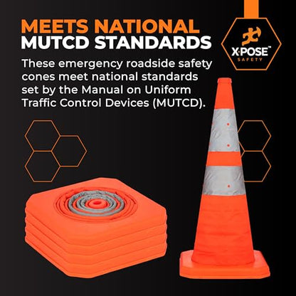 Xpose Safety Collapsible Orange Traffic Cones 28 Inch – Reflective Safety Cone for Parking, Roadside Emergency, Construction, Work Zones, Road Crews & Vehicle Safety