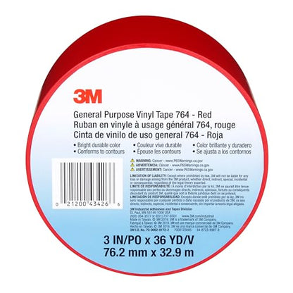 3M General Purpose Vinyl Tape 764, Red, 3 in x 36 yd, 5 mil, 1 Roll - color: Red, size: 3 in x 1296 in