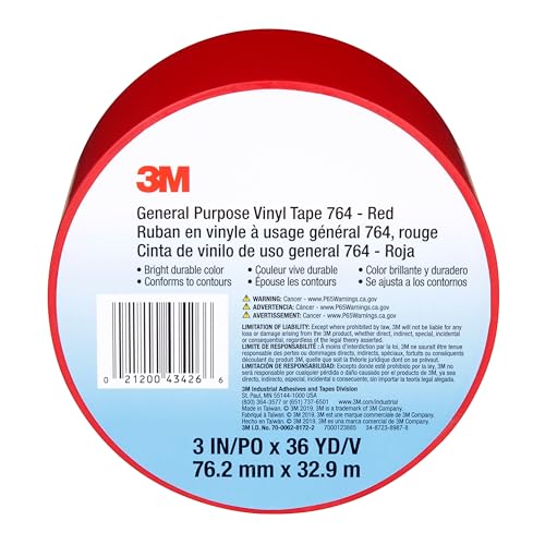 3M General Purpose Vinyl Tape 764, Red, 3 in x 36 yd, 5 mil, 1 Roll - color: Red, size: 3 in x 1296 in