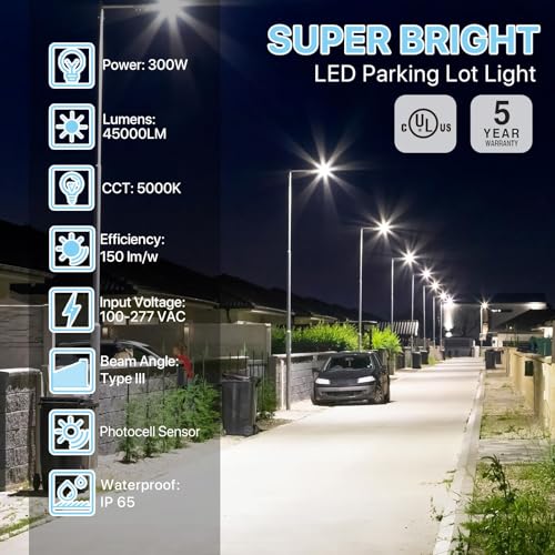 HYPERLITE LED Parking Lot Lights 300W LED Shoebox Light with Dusk to Dawn Photocell - 45000lm 5000K UL Certified IP65 LED Area Light for Court|Stadium|Parking Lot|Roadways - size: 300W
