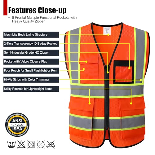 Reflective Safety Vest for Men Women Hi Vis Vest with 8 Pockets High Visibility Mesh Reflective Vest Meets ANSI/ISEA Standards (Orange-07,Large) - color: Orange, size: Large