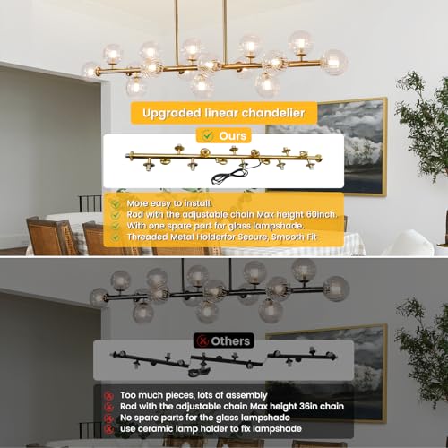 Gold Linear Rectangle Chandelier Modern Chandelier Glass Pendant Light Fixture Adjustable for Dining Living Room Kitchen Island 16-Light - color: Gold-50in