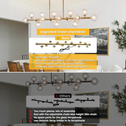 Gold Linear Rectangle Chandelier Modern Chandelier Glass Pendant Light Fixture Adjustable for Dining Living Room Kitchen Island 16-Light - color: Gold-50in