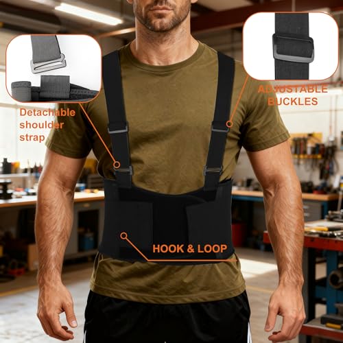 2-in-1 Work Back Brace for Men & Women, Adjustable Lumbar Support Belt with Detachable Shoulder Suspenders, Lower Back Support Lifting Belt for Moving, Construction, Warehouse Heavy Work - size: XXX-Large