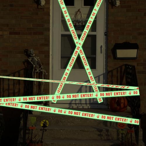 CCINEE 2INx16.4FT Glow in The Dark Halloween Caution Tape, Scary Do Not Enter Adhesive Warning Tape Roll for Indoor Outdoor Halloween Party Yard Haunted House Danger Zone Barricade Decorations