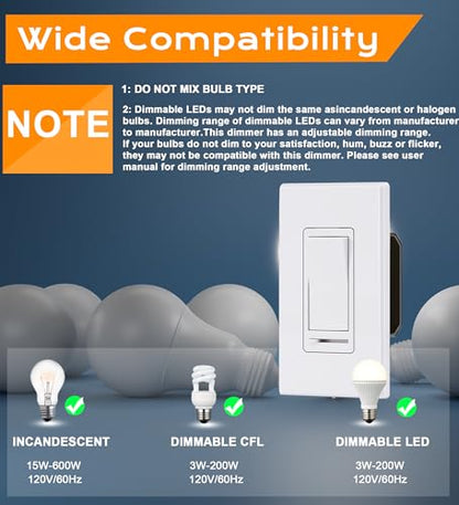 [10 Pack] Cloudy Bay 3-Way/Single Pole Dimmer Electrical Light Switch for 150W LED/CFL, 600W Incandescent/Halogen,Wall Plate Included,Pack of 10 - size: 10-Pack | Ivory