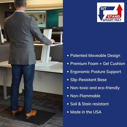 Patented One Foot Moveable Premium Ergonomic Anti-Fatigue Foam & Gel Mat for Adjustable-Height Office Desks, Kitchen Floors, and Home, Made in USA, Charcoal Black for Hard Surfaces