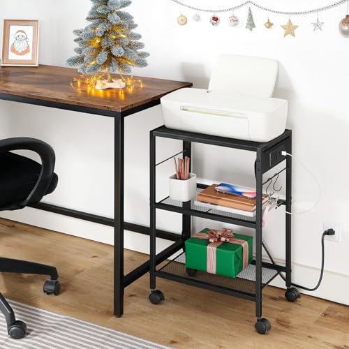 HOOBRO Industrial Printer Stand, 3-Tier Mobile Printer Table, Rolling Cart with Power Outlets and USB Ports, Home Printer Stand with 2 Hooks, for Office, Living Room, Black BB22UPS01 - color: Black, size: 16.5'' x 11'' x 25.2''