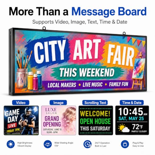 CX P5 Outdoor LED Sign 39" x 14", WiFi & USB Programmable Full-Color Message Board, IP65 Waterproof Scrolling LED Display, Supports Text, Images and Videos for Storefront, Restaurant and Business - size: P5 39x14 inch