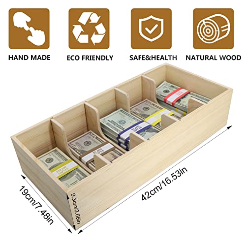 Wooden Currency Money Cash Tray With 300 Currency Wrappers, 5 Compartment Wooden Cash Money Currency Organizer Storage Change Box Case for Cash, Moneyboxes Currency Holder Cash for Money