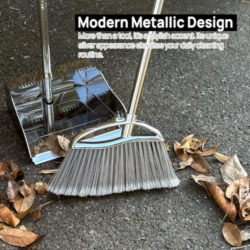 Outdoor Broom and Dustpan Comb Set,Heavy Duty Stainless Steel Metal Dust Pan with Long Handle Commercial Stiff Bristles Broom for Home Garage Garden Patio - style: Outdoor Broom and Dustpan