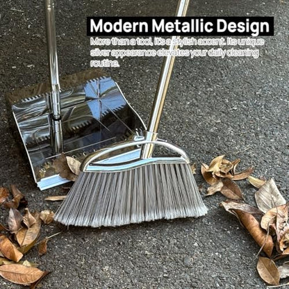 Outdoor Broom and Dustpan Comb Set,Heavy Duty Stainless Steel Metal Dust Pan with Long Handle Commercial Stiff Bristles Broom for Home Garage Garden Patio - style: Outdoor Broom and Dustpan