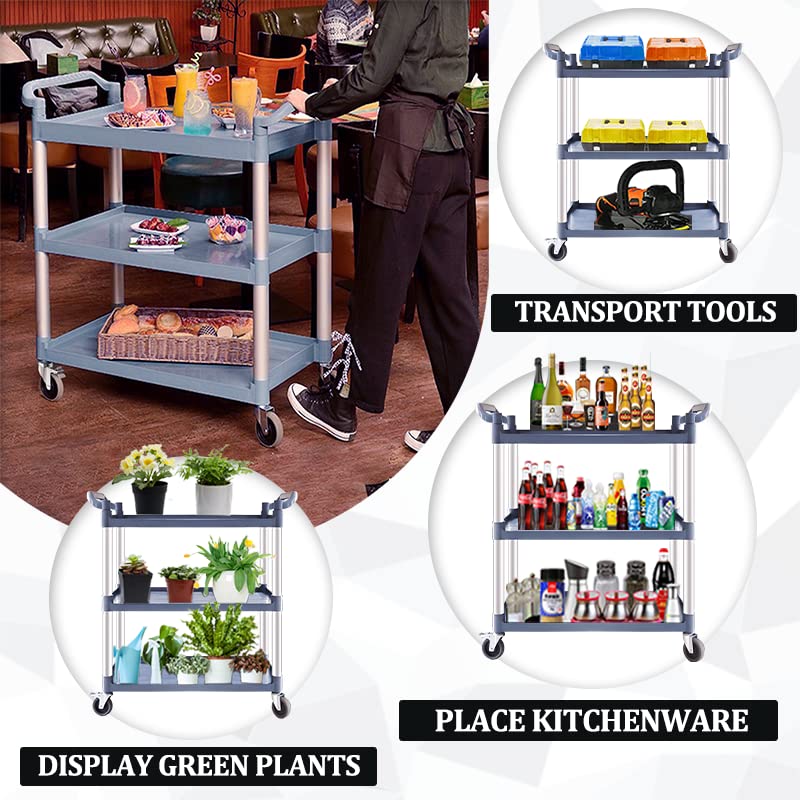 Plastic Utility Carts with Wheels, 3-Tier Medium Size Restaurant Food Cart, Heavy Duty 510lbs Capacity Rolling Service Cart w/Hammer for Commercial, Kitchen, Office (Lockable Wheels, M-Grey)