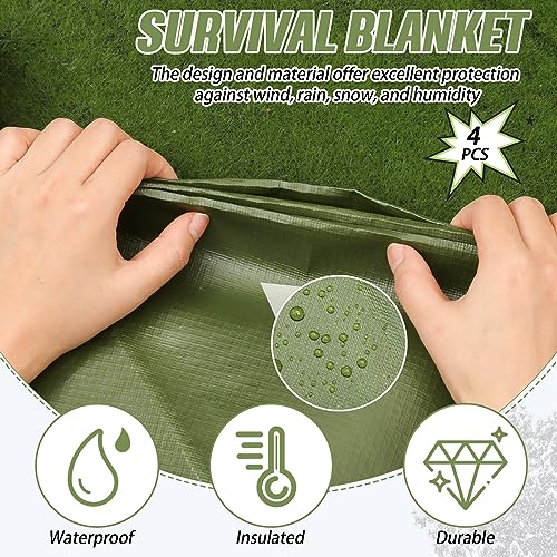 Kanayu 4 Pcs Emergency Thermal Survival Blankets 82 x 60 Inch,Heavy Duty Emergency Poncho Tarp Reusable Waterproof Blanket for Car,Camping,Hiking(Olive Green) - color: Olive Green