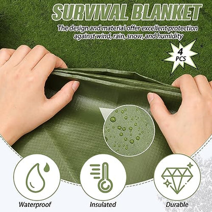 Kanayu 4 Pcs Emergency Thermal Survival Blankets 82 x 60 Inch,Heavy Duty Emergency Poncho Tarp Reusable Waterproof Blanket for Car,Camping,Hiking(Olive Green) - color: Olive Green