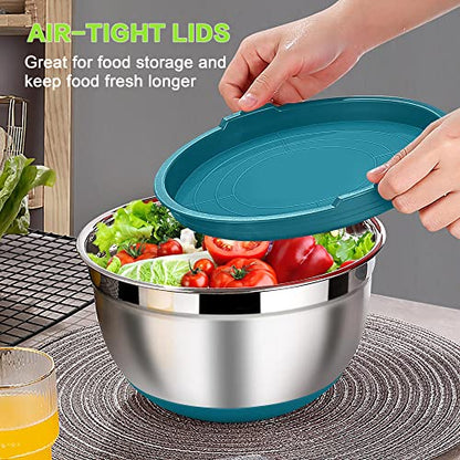 LIANYU Metal Nesting Mixing Bowls Set of 6, Size 7, 3.5, 2.5, 2, 1.5, 1QT - color: Dark Blue, style: Anchor Base with Airtight Lids