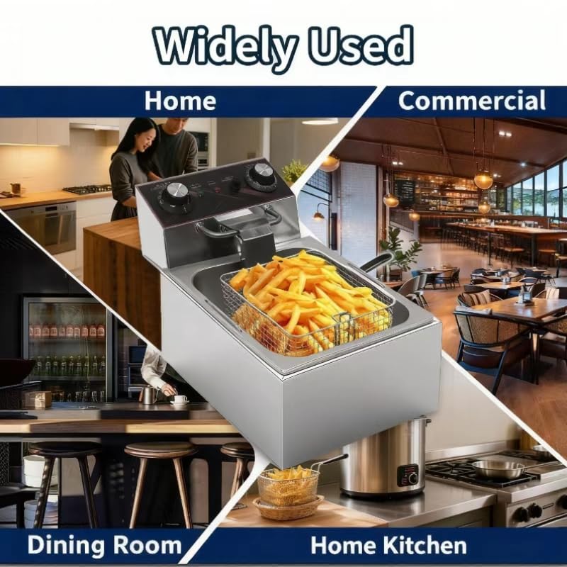 Commercial Deep Fryer with Timer, 10.6QT/10L Electric Countertop Deep Fryer 1800W 110V, Heavy Duty Stainless Steel Small Tank Oil Fryer for Restaurant Food Truck Small Business