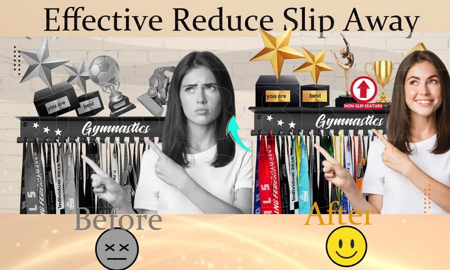 iBobbish Metal Medal Hanger Display,Non-Slip Trophy Shelf with 20 Hooks,Wall Mount,Heavy Duty,Non-Bent,Holds 22-33lbs,for Gymnastics,Race,Soccer,Swim - color: Black, style: NON-SLIP Gymnastics 6 Stars