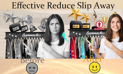 iBobbish Metal Medal Hanger Display,Non-Slip Trophy Shelf with 20 Hooks,Wall Mount,Heavy Duty,Non-Bent,Holds 22-33lbs,for Gymnastics,Race,Soccer,Swim - color: Black, style: NON-SLIP Gymnastics 6 Stars