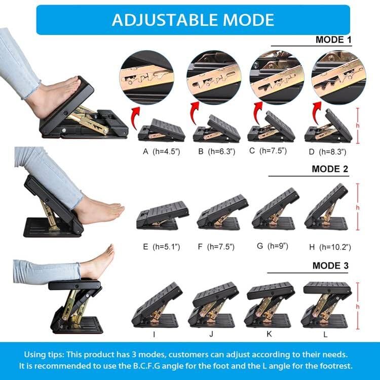 Under Desk Footrest, 4-Level Height Adjustable 12Modes Foldable Footrest - color: Black