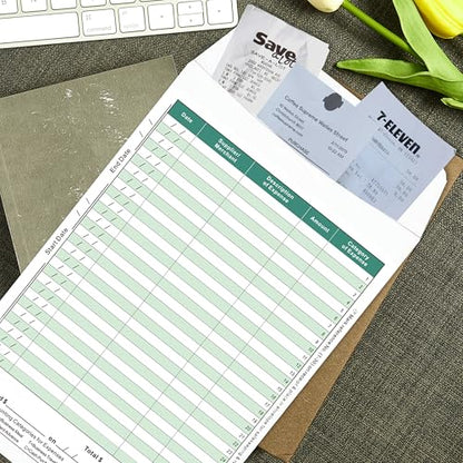 Receipt Organizer Envelopes, 6.5x9.5 Inches, 12-Pack, Green, All-in-One Expense Tracker with Ledger & Mileage Log for Business Receipts Storage - color: Green-12