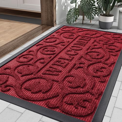 Smiry Front Door Mat Outside Entrance, Low Profile Rubber Doormat, 35x23 - color: Burgundy, size: 35" X 23"