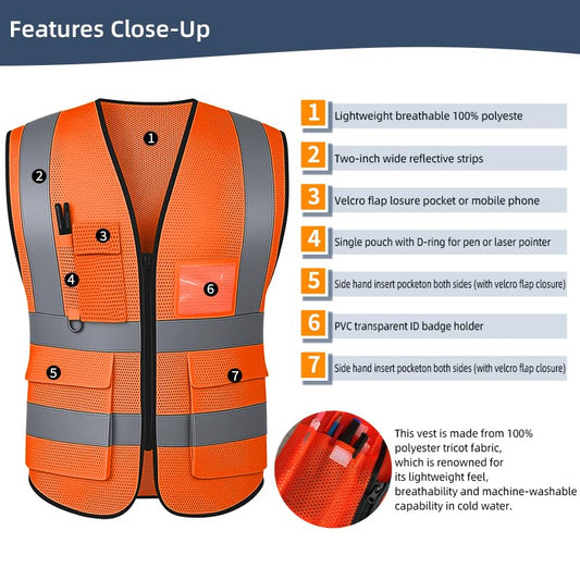 Safety Vest High Visibility Reflective Construction Vest - color: Orange, size: 6X-Large