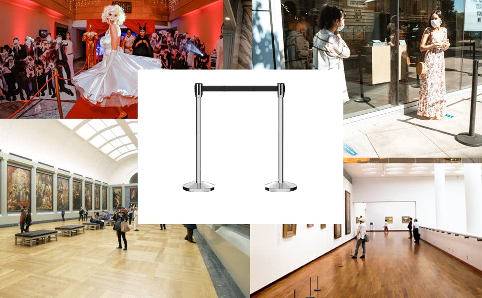 Montour Line M530 Set of 2 Retractable Belt Barrier Stanchion, Sloped Base, Polished Stainless Steel Post (7.5 ft Blue and White Diagonal Belt) - color: Blue and White Diagonal, size: 7.5 ft