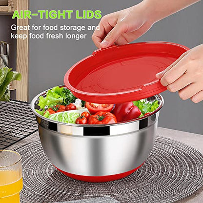 LIANYU Mixing Bowls Set of 6 with Airtight Lids, Non-slip Bottom - color: Red, style: Anchor Base with Airtight Lids
