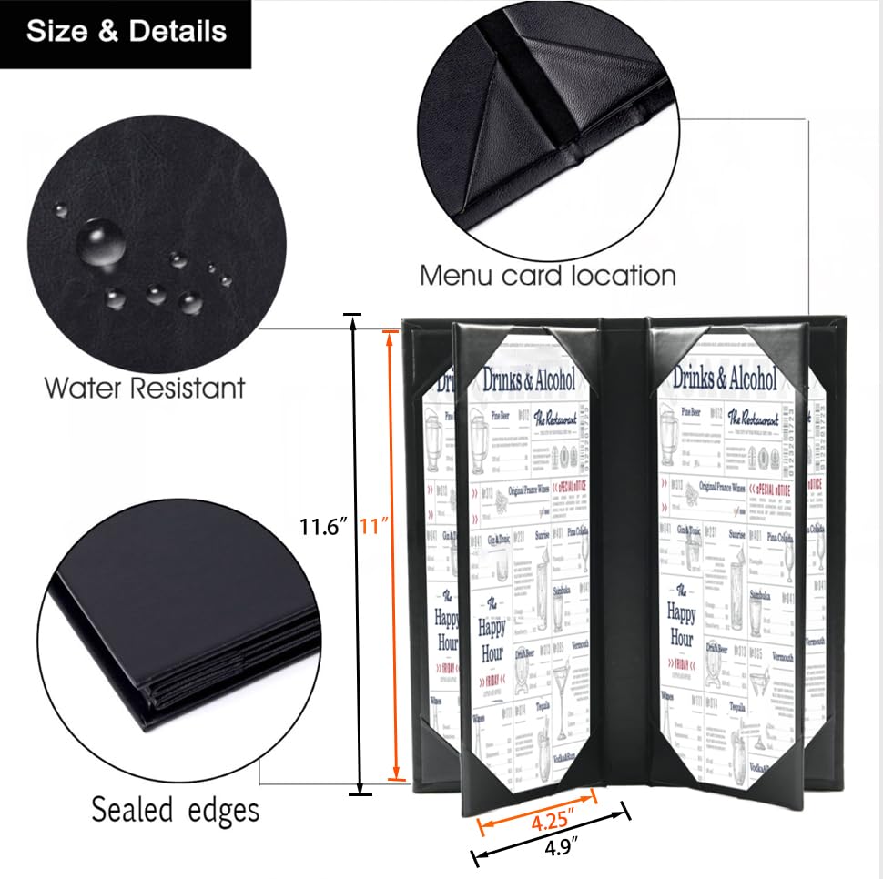 3 Packs Leather Menu Holder for 4.25x11 inch menus, Menu Covers Six Views Menu Covers for Restaurant Coffee Bars Hotel, Restaurant Covers 6 Views - size: 4.25 x 11 inch/6 views/3 pcs