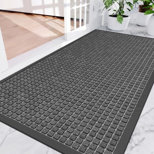Amyracel Front Door Mat 2'x4', Heavy Duty Waterproof Indoor Outdoor Doormat - color: Grey Squares, size: 4' x 2' (Rectangular)