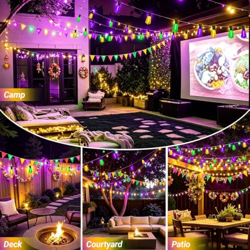 26FT Yellow Purple Green Outdoor String Lights, Mardi Gras ST38 Patio Lights 12+1 Shatterproof Edison Bulbs, Waterproof Connectable LED Outside Lights for Backyard Porch Carnival Christmas Party Decor - color: Yellow Purple Green, size: 26FT