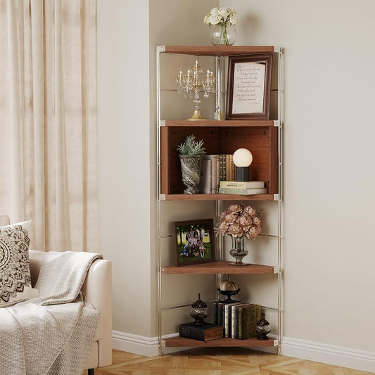 5-Tier Industrial Bookshelf, Wood and Metal Shelf Unit, Storage Bookcase - color: Walnut, size: 5T36IN