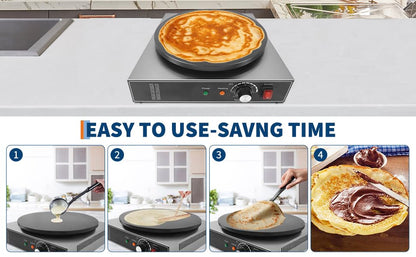 16 Inch Commercial Electric Crepe Maker – Non-Stick Flat Griddle – Accurate Temperature Control & Gauge Lights – 1750W 110V – Perfect for Pancakes & Omelets – Home & Restaurant Use – Single - size: Single Plate