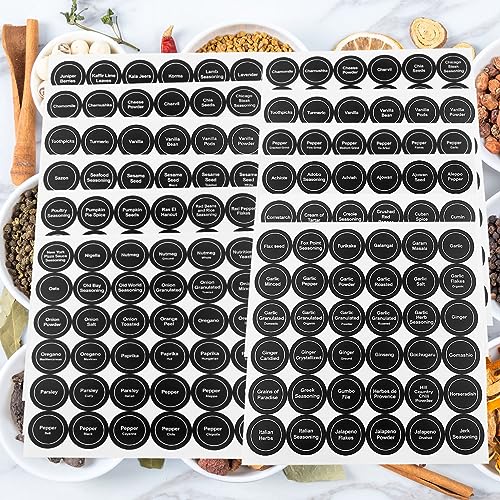 Spice Labels, 432Pcs Spice Labels Stickers 1.4in Waterproof Adhesive Round Preprinted Spice with Blank Label Black Tear Resistant Sticker for Kitchen Jars Caps Food Containers Spice Organizers - color: Black