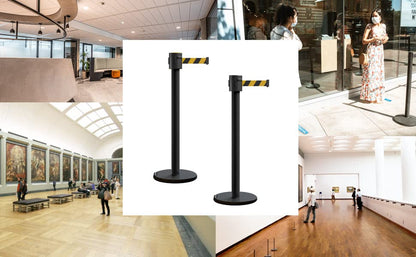 Montour Line ME760 2 Retractable Barrier Stanchions, 35 Ft Light Blue Belt - color: Light Blue, size: Black Powder Coated