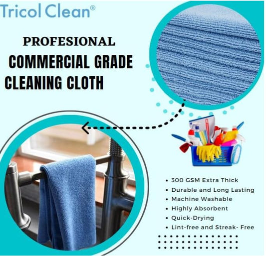 Tricol Clean Professional Extra-Thick Microfiber Cleaning Cloth 24 Pack Blue (300 GSM, 16in x 16in) - color: Blue, size: Pack of 24