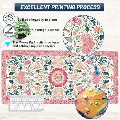 Pink Floral Large Gaming Mouse Pad with Stitched Edges,35.7" X 15.7" Thicken 3mm Extended Computer Office Desk Mat Pad,Gaming Mousepad Protector Non-Slip Rubber Base,Keyboard Mat Pink Desk Accessories - color: Classical Print