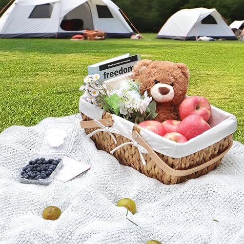 GYASVWU Water Hyacinth Picnic Baskets, Wicker Picnic Basket with Handle, Wicker Bread Basket with Linner, Empty Gift Baskets for Easter, Weddings, Garden and Home Decor (Original)