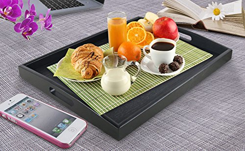 DILLMAN Serving Tray Large Black Wood Rectangle Food Tray Butler Tray Breakfast Tray with Handles (Large+Small) - size: 18" x 14" x 1.8"