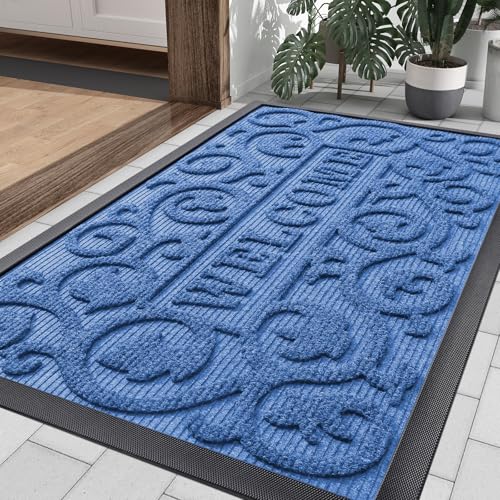Smiry Front Door Mat Outside Entrance, Low Profile Rubber Doormat, 35x23 - color: Blue, size: 35" X 23"