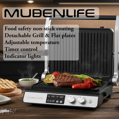 Panini Press,4 Slices Contact Grill with Removable Non-Stick Coated Grill and Flat Plates,Panini Makers with Temperature Control and Timer,Open 180 Degrees,Grill and Griddle (Silver with digital) - color: Silver with digital
